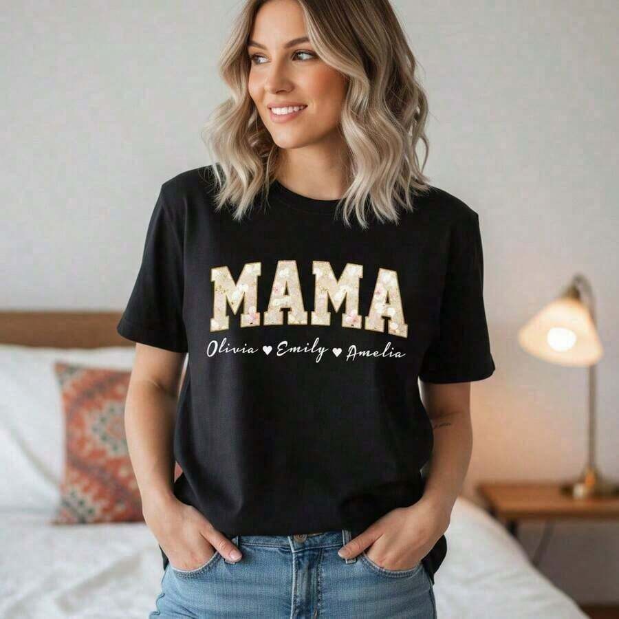 Summer Clothes: Women's Cotton T-Shirt With "MAMA" Print, Short Sleeve, Round Neck, Casual Design With "MAMA" Letter Print And Personalized Name, Loose Fit, Basic Top For Everyday Wear, Sizes S-5XL Available. Y2Y Women's Summer Top, Women's Vacation Clothes. - 黑色 - 查看 1