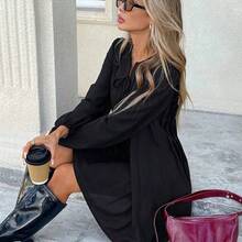 Vestido de manga larga a rayas, estilo francés, plisado, vestido negro de mujer de manga larga de temporada, ropa de mujer retro, elegante - Azul marino - Ver 7