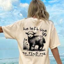 Women's Short-Sleeved T-Shirt With Lamb Print And Text On The Back, Ideal For Daily Wear, Casual Outings, Weekends And Outdoor Activities, Round Neck, Polyester Fabric, Casual And Religious Style, For Spring And Summer, National Shipping In Mexico. - 杏色 - 查看 1