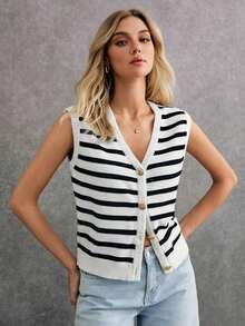 Cárdigan sin mangas casual de invierno para mujer con estampado de rayas, un esencial de estilo chic effortless - Blanco y Negro - Ver 5
