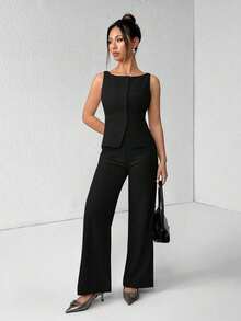 PETITE Conjunto de chaleco y pantalones de un solo pecho de unicolor con cuello redondo, elegante traje de oficina para mujer, ropa de mujer de verano y otoño, conjunto de oficina, ropa casual de negocios, conjunto de dos piezas, ropa de oficina de otoño para mujer, conjunto de blazers para mujer - Negro - Ver 6