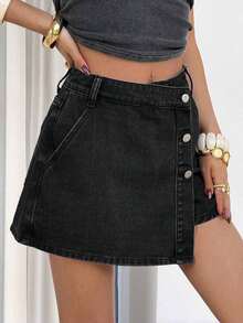 PETITE Short vaquero sexy con bolsillo frontal, cruce de cintura y abotonado para mujer - Negro - Ver 7