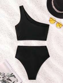 Swim Conjunto de bikini fruncido de unicolor para playa y vacaciones de verano - Negro - Ver 2