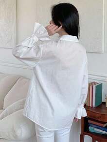 Camisa con volantes y hombros caídos a rayas verticales, blusas de manga larga, ropa de otoño - Blanco - Ver 2