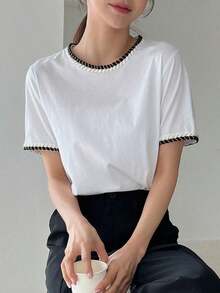 Camiseta De Manga Abullonada Con Ribete De Contraste - Blanco - Ver 9