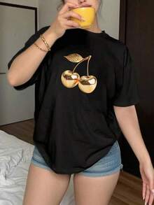 2026 new Camisetas Para Mujer Camiseta Y2K negra con diseño exclusivo de cerezas doradas, perfecta para destacar en cualquier ocasión. Sé parte de la  que arrasa en México con esta prenda única y fresca. Ideal para combinar con tus looks urbanos y casuales. ¡Atrévete a llevarla! - Negro - Ver 6