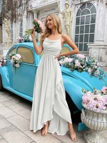 Vestido formal elegante y minimalista para mujer, vestido de dama de honor de verano, adecuado para bodas, invitados, galas, eventos formales, fiestas de compromiso, bodas de jardín - Vestido largo de dama de honor con cuello drapeado, bajo asimétrico y tirantes, unicolor, primavera - Blanco original - Ver 9