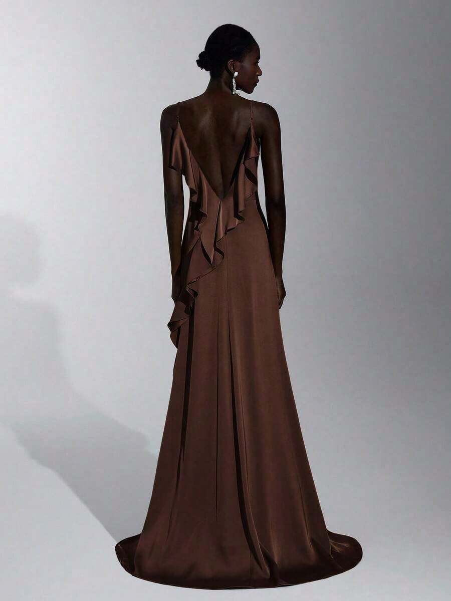 Elegante y Lujoso Vestido de Dama de Honor sin Espalda con Volantes - Café integral - Ver 1