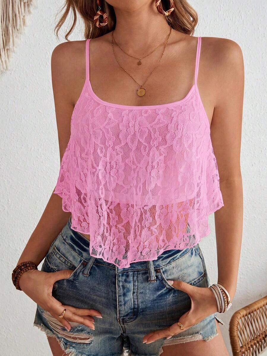 Camiseta sin tirantes de punto con parches de encaje y bajo asimétrico, casual para vacaciones de verano, estilo occidental para mujer, bohemio chic, concierto de country, concierto de country, festival de vacaciones, playa para mujer, sin espalda, - Rosa 2 - Ver 1