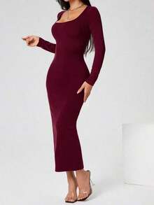 Vestido largo de manga larga con cuello cuadrado color negro sólido ajustado, vestido elegante de manga larga para mujer con cuello cuadrado, ajuste ceñido, manga recta, liso, para uso diario casual en primavera/otoño - Burdeos - Ver 3