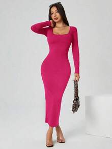 Vestido largo de manga larga con cuello cuadrado color negro sólido ajustado, vestido elegante de manga larga para mujer con cuello cuadrado, ajuste ceñido, manga recta, liso, para uso diario casual en primavera/otoño - Rosa Fucsia - Ver 6