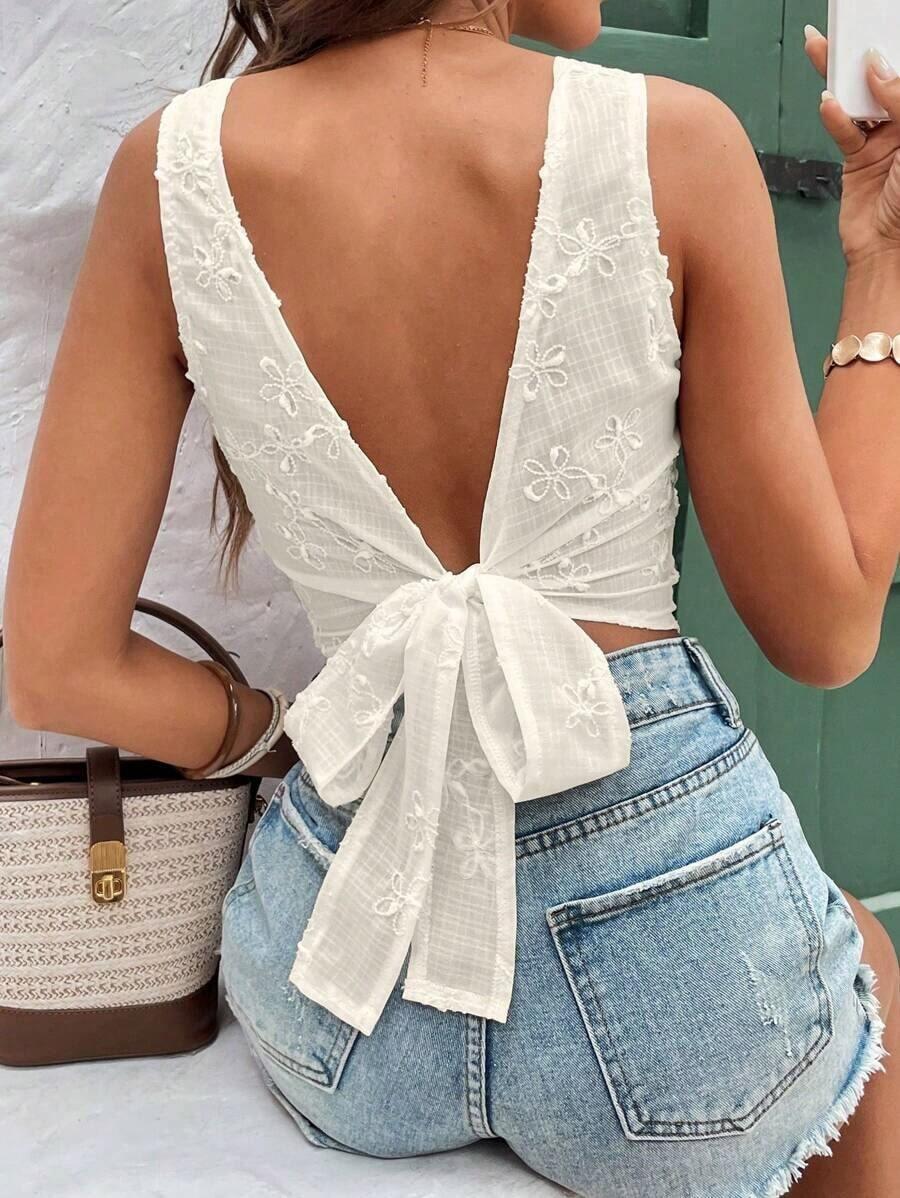 Frenchy Blusa sin espalda y sin mangas con estampado jacquard para vacaciones de verano, ropa de vuelta al colegio, atuendos de maestros, moda, vestidos de mujer de verano, estilo de dinero antiguo, vestidos blancos de mujer, vestidos casuales de mujer, ropa para el 4 de julio, blusas de mujer, tops sin mangas - Albaricoque - Ver 1