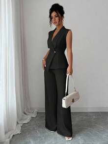Conjunto de oficina elegante para mujer, compuesto por una chaqueta blazer sin mangas con cuello y bajo asimétrico, con hebilla metálica en la cintura, combinada con pantalones de cintura elástica.Conjunto de 2 piezas elegante para primavera/verano, atuendo formal y de clase para mujer. - Negro - Ver 5