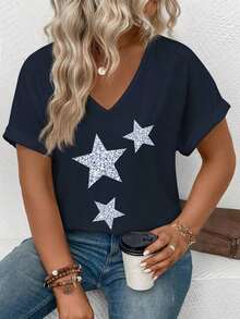 Selamara Camiseta casual versátil de talla grande con diseño de encaje y parches, nueva llegada para primavera/verano para mujeres - Multicolor - Ver 3