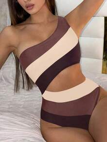 Traje de baño de una pieza con bloque de color y un solo hombro para mujer, ideal para nadar, vacaciones y playa en verano - Multicolor 5 - Ver 6