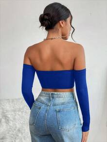 Top corto de hombros descubiertos de color sólido para mujer - azul real - Ver 2