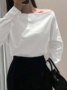 Camisa azul de manga larga con hombro asimétrico de unicolor para mujer, azul claro, primavera/verano/otoño - Blanco - Ver 2