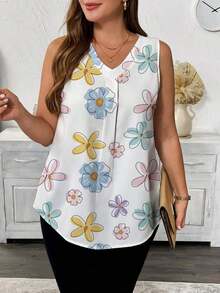 Blusa sin mangas con cuello en V y estampado floral para mujer talla grande, Camisa casual con cuello en V y estampado floral para mujer talla grande - Multicolor 4 - Ver 4