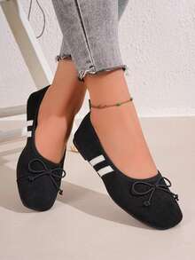 Black Wide Width Ballet-Style Bow Flat Shoes, Square Toe Soft Bottom Loafers, Wide Feet Friendly Commute Versatile Suede Shoes - Black - View 1