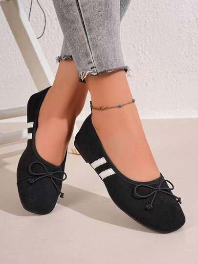 Black Wide Width Ballet-Style Bow Flat Shoes, Square Toe Soft Bottom Loafers, Wide Feet Friendly Commute Versatile Suede Shoes