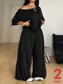 Conjunto de dos piezas de camiseta hombros descubiertos y pantalón ancho de chándal para mujer talla grande, minimalista, ropa de calle, uso diario, salir, deporte, cómodo - Negro - Ver 7