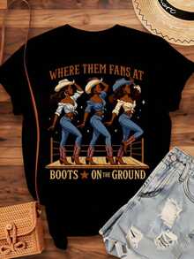 Women's Cotton T-Shirts With "Where Them Fans At Boots On The Ground Country Western" Design, Women's Shirt With Cowboy Hat And Jeans Design For Festivals, Parties And Casual Wear, Basic Women's Blouses. - 黑色 - 查看 3