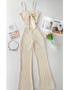VOGUES Set 2 piezas Encaje PREMIUM Moda Mujer Blusa moño & Pantalón Importación Lace con Forro & Zipper Tejido grueso - Beis - Ver 8