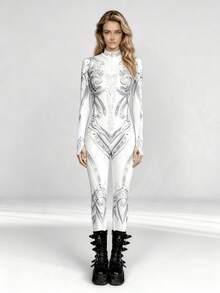 Futuristic Silver White Armor Print Tight Jumpsuit, Elastic/Cosplay/Convention/Party Stage Performance Outfit/Silver White Armor/Mechanical Pattern - White - View 4
