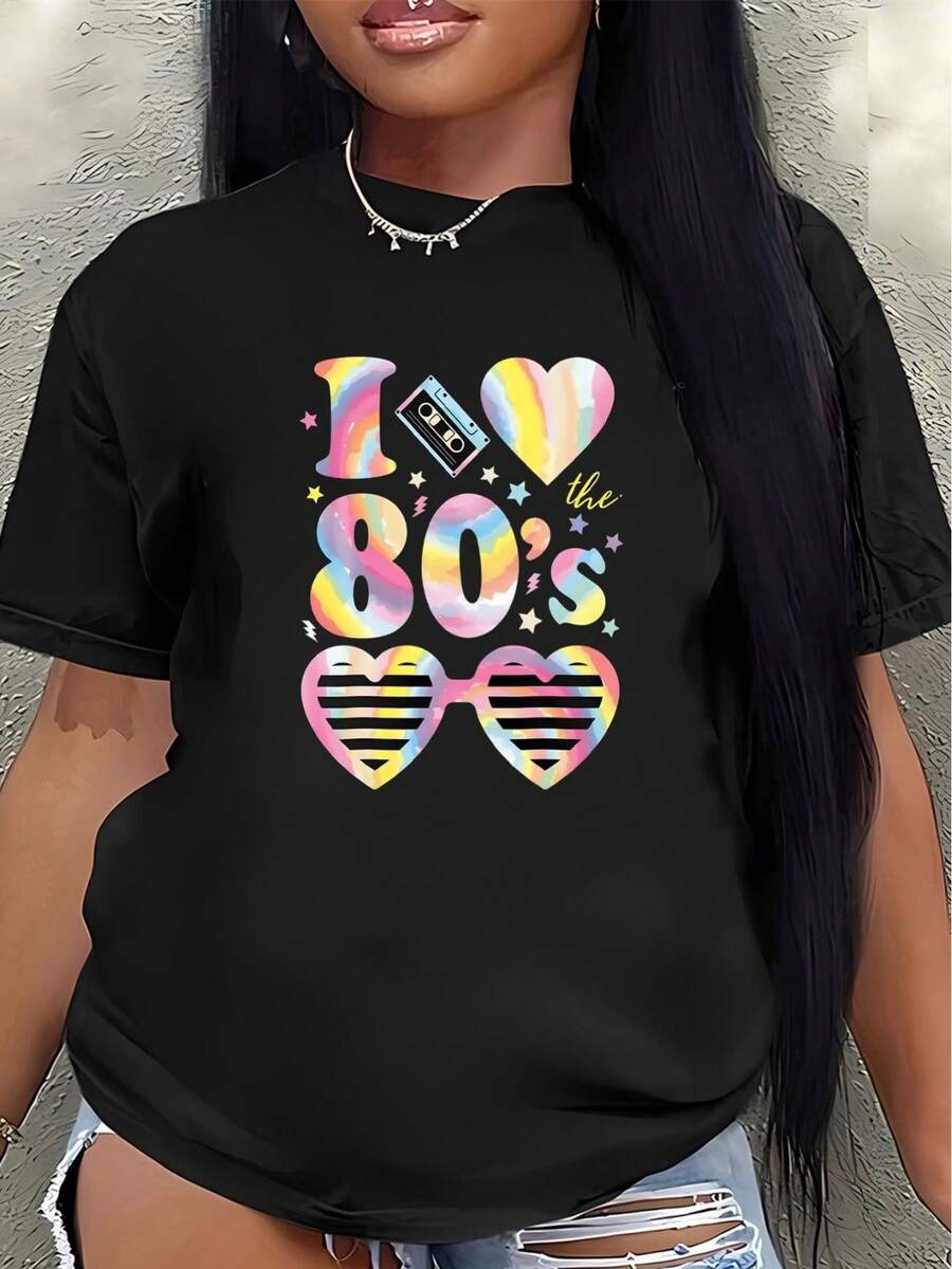 Short-Sleeved T-Shirt With A Vibrant 80s Retro Style, Printed With The Words "I Love The 80s" And Colorful Heart And Glasses Designs. It's Lightweight And Durable, Making It Perfect For Casual Occasions, Parties, Concerts, And Everyday Wear. - 黑色 - 查看 1