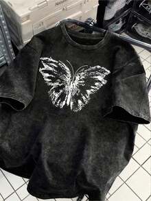Fun And Retro Women's Clothing With Butterfly Print And Cartoon Lettering, Street Style, Korean Style, Comfortable, Retro, Versatile For Everyday Wear, Y2K Women's Clothing, Black Fitted Short-Sleeved Crew Neck T-Shirt Niche Punk Style, Comfortable Pure Cotton T-Shirt From The Washed Retro Series, Easily Creates A Casual Retro Style, Suitable For Daily Commuting, Casual Outings, Daily Wear, Classic Retro Style Women's Clothing. - 黑色 - 查看 1