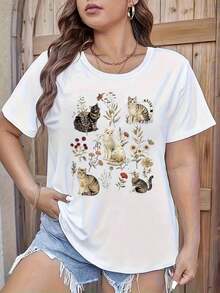 Camiseta con Estampado de Gato y Flores para Mujer, Camiseta Casual con Estampado, Cuello Redondo, Manga Corta, Ropa de Mujerblusas para mujer>ropa - Blanco - Ver 1