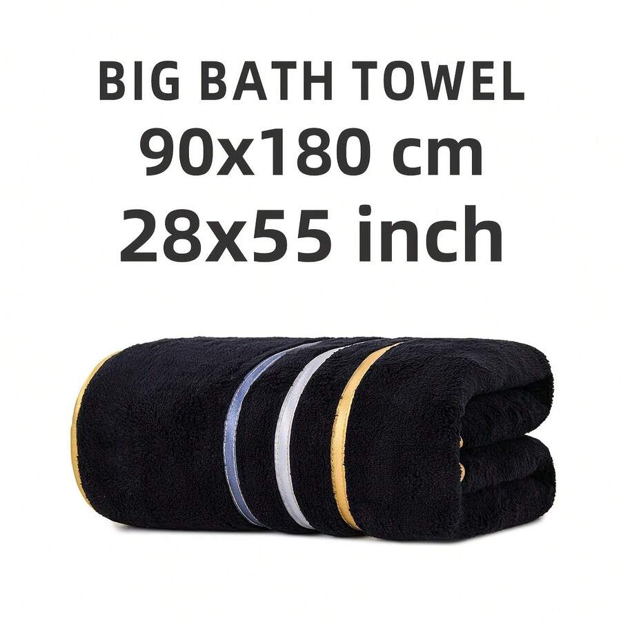 One Extra-Large, Thick Bath Towel, 90*180cm, Perfectly Wrapped, Soft And Comfortable, Highly Absorbent, Quick-Drying, Stylish Tri-Color Striped Design. Ideal For Bathing, Swimming, Napping, Yoga, Etc. - 黑色 - 查看 1