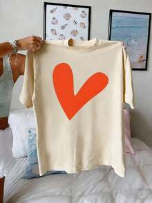 1 pieza de camiseta de algodón puro para mujer, con cuello redondo, diseño sencillo, estampado de anime con letras a la moda y forma de corazón, 180g 100% algodón. - Blanco - Ver 6