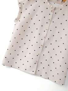 Blusa de mujer con cuello redondo, sin mangas, abotonada, con volantes y estampado de lunares vintage francés, versátil para ir al trabajo, tomar el té por la tarde o uso diario - Multicolor - Ver 6
