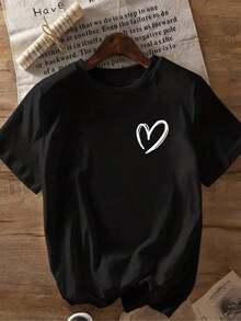 Urban Sense Women's Oversized Heart Print T-Shirt - Casual Round Neck Short Sleeve Blouse, Breathable Casual Wear For Spring, Summer And Autumn, Loose Fit Machine Washable Top, Suitable As A Mother's Day Gift 2GXW. Suitable As A Gift. Women's T-Shirt. Blouses>Elegant. Boho Chic. Soft, Breathable And Comfortable Women's Top, Ideal For Spring, Summer And Autumn, Perfect For Vacations, Travel And Everyday Wear. - 黑色 - 查看 1