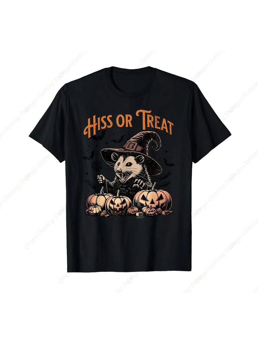 Hiss Or Treat Halloween Pumpkin Witch Opossum Possum Gift T-Shirt - Black - View 1