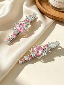 2pcs Women Hair Clips, Delicate Sweet Heart Crystal Hair Clips, Elegant Side Bangs Hairpins - Multicolor - View 4