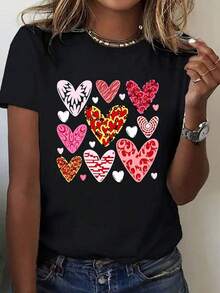 Women's Short-Sleeved T-Shirt With Round Neck, Polyester Fabric, Black Base With Colorful Heart Print, Casual Daily Wear, Perfect For Valentine's Day And Everyday Outfits. - 黑色 - 查看 1