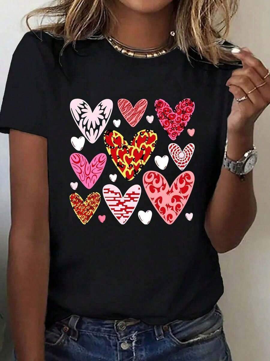 Women's Short-Sleeved T-Shirt With Round Neck, Polyester Fabric, Black Base With Colorful Heart Print, Casual Daily Wear, Perfect For Valentine's Day And Everyday Outfits. - 黑色 - 查看 1