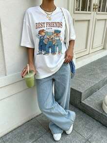 Women's Casual Loose Fit T-Shirt With "Best Friends 1979 Bear" Print, Breathable And Comfortable, Short Sleeve, Crew Neck, Retro 3 Bear Print, Soft Fabric, Perfect For Everyday Wear And Urban Style Y2K - 白色 - 查看 8