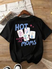 Women's T-Shirt With A Front And Back Print, Ahjong Club Design, Round Neck, Short Sleeve Casual Style, Suitable For Fitness In All Seasons And Everyday Wear, Top With A Fun Printed Design. Elegant Party Outfit, T-Shirt For Stylish Ladies, Blouses Suitable For Curvy Women, Prom Skirts, Casual Wear - 黑色 - 查看 2