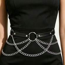Sabuk Pinggang Kulit Hitam Wanita Gaya Gothic Terlaris dengan Rantai Berlapis Perak, Sabuk Pinggang Dekoratif Rantai Multi-Lapisan Gaya Punk - Hitam - View 8