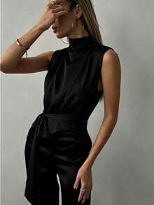 ZAHM Elegantes Jacquard-Satin-Top ohne Ärmel mit Bindegürtel, Sommerurlaub Schwarz - Schwarz - Übersicht 3