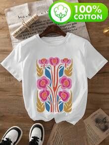 Women's Plus Size Essential Casual T-Shirt With Bright Vintage Floral Print, Women's Pure Cotton Summer Crew Neck T-Shirt, Casual Short Sleeve Top, Unique Style For Daily Wear, Loose Fit, Breathable And Soft, Vacation Outfit, Soft Cotton Everyday Clothes. - 黑色 - 查看 8