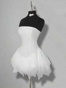 ICON Vestido mini de mujer con parches de malla blanca y ballenas - Marrón - Ver 11