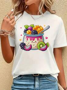 Women's Essential Casual Short Sleeve T-Shirt - Printed Design, Loose Round Neck, Breathable Medium Stretch Fabric, Machine Washable, Versatile Top For All Seasons, Suitable For Daily Wear, Fun Patterns, Comfortable Material, Modern Style, Soft Cotton For Everyday Wear. - 白色 - 查看 12