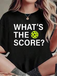 Pickleball "What's The Score" T-Shirt, Casual Summer Short Sleeve Crew Neck Top - 黑色 - 查看 1
