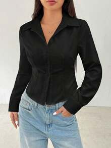 Camisa básica de manga larga informal con cintura recogida - Negro - Ver 9