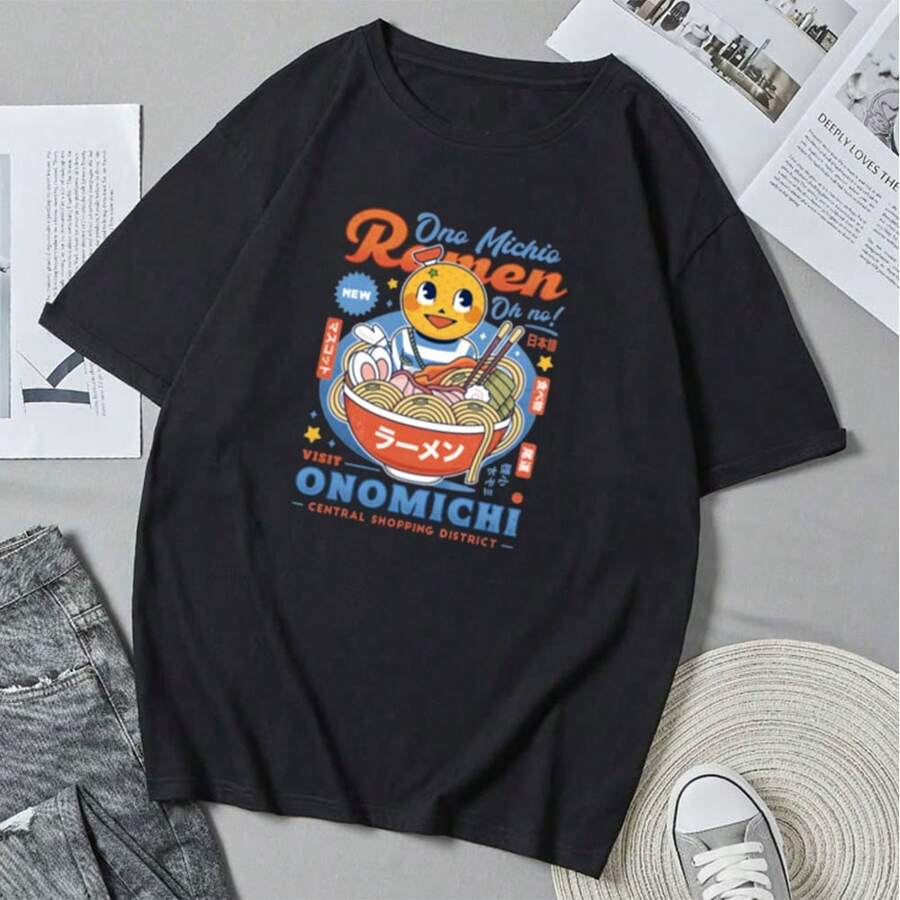 Unisex Ono-Michio-Ramen T-Shirt With Retro Anime And Cartoon Print. Casual Summer T-Shirt With A Loose Fit. - 黑色 - 查看 1