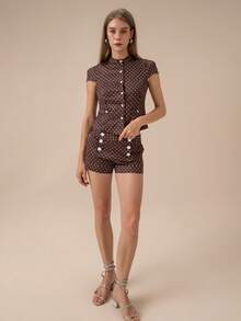 HZXVIC Damen neuer süßer Polka Dot Kurzarm Knopfoberteil + Polka Dot Shorts mit hoher Taille Set, elegant für den Sommer - Braun - Übersicht 7